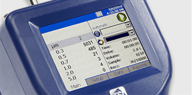 Handheld particle counter measuring air quality for server room compliance