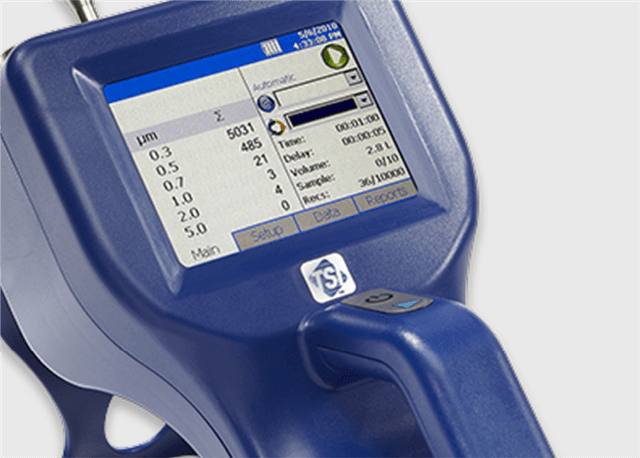 Handheld particle counter measuring air quality for server room compliance
