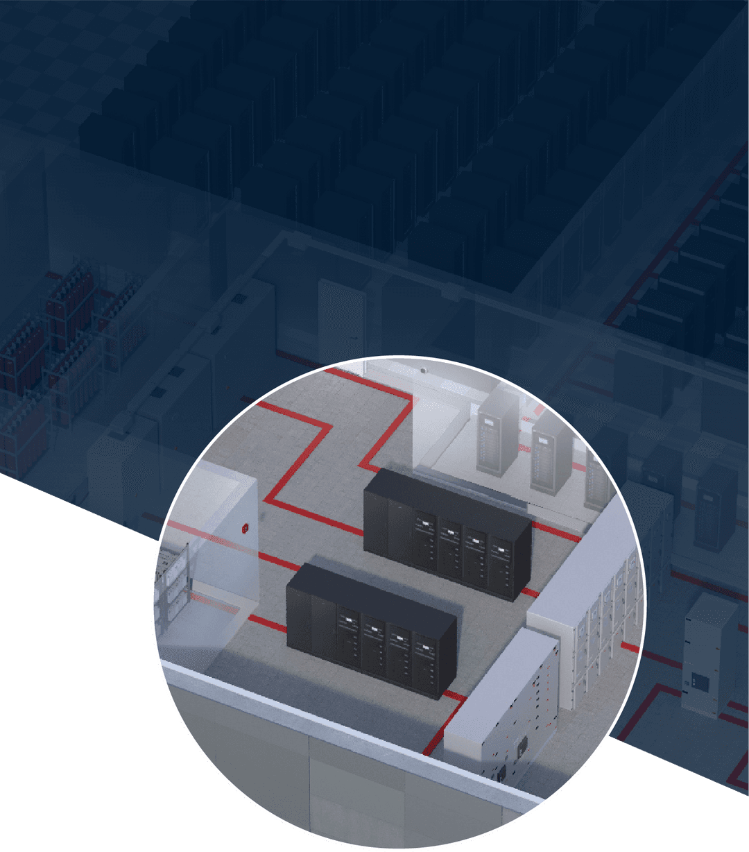 Illustration of a data center with UPS installations, highlighting economic sustainability in and around UPS systems.