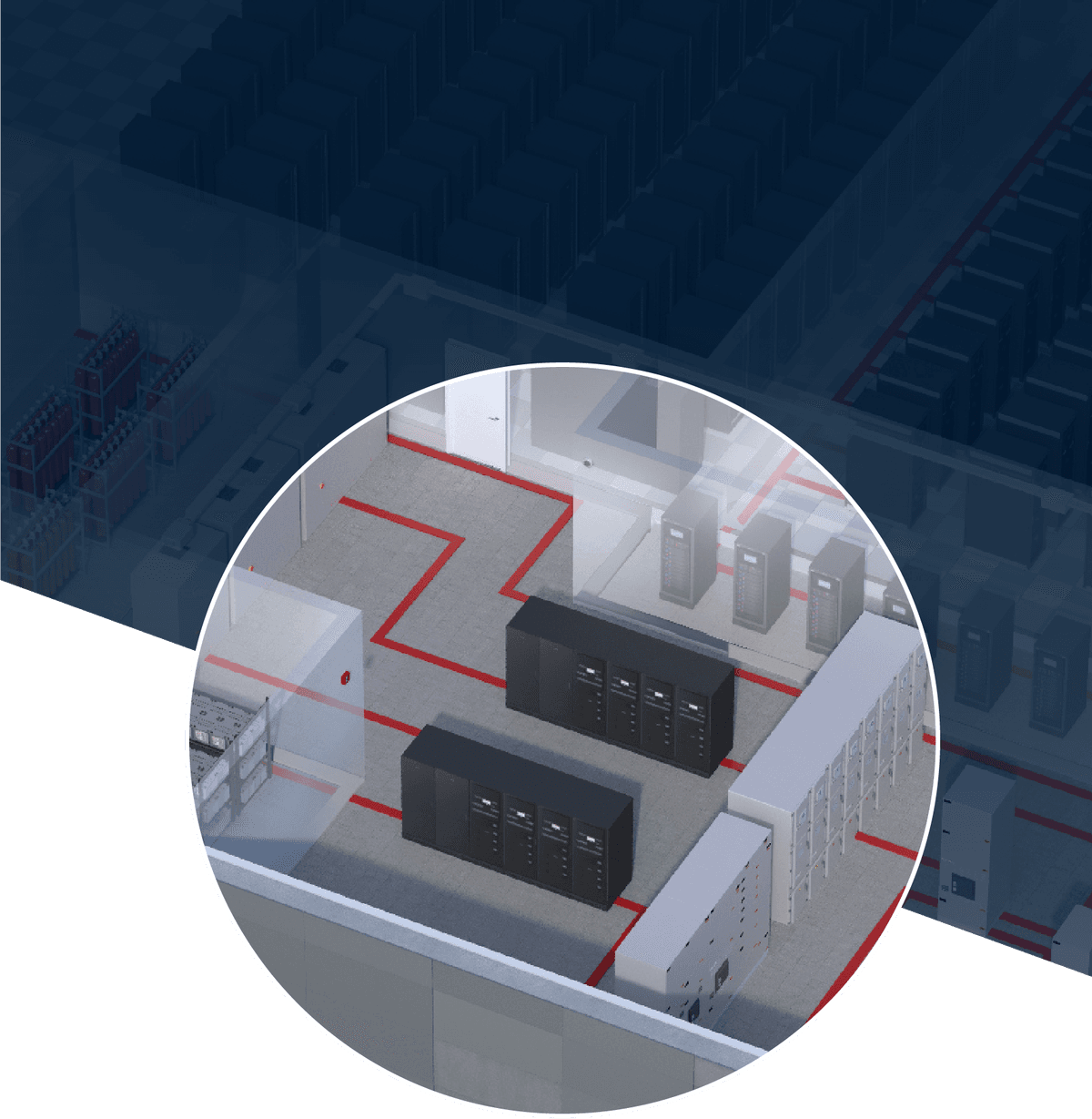 Illustration of a data center with UPS installations, highlighting economic sustainability in and around UPS systems.