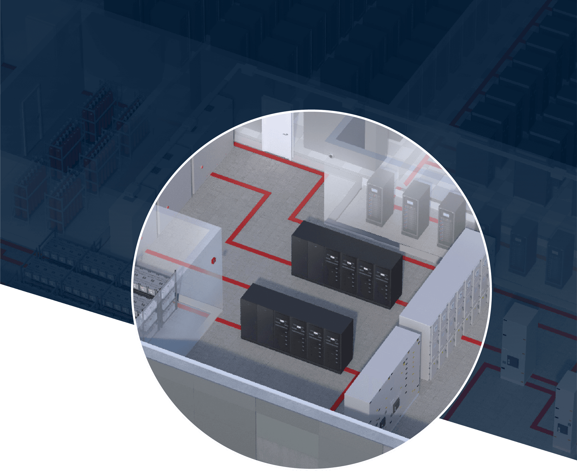 Illustration of a data center with UPS installations, highlighting economic sustainability in and around UPS systems.