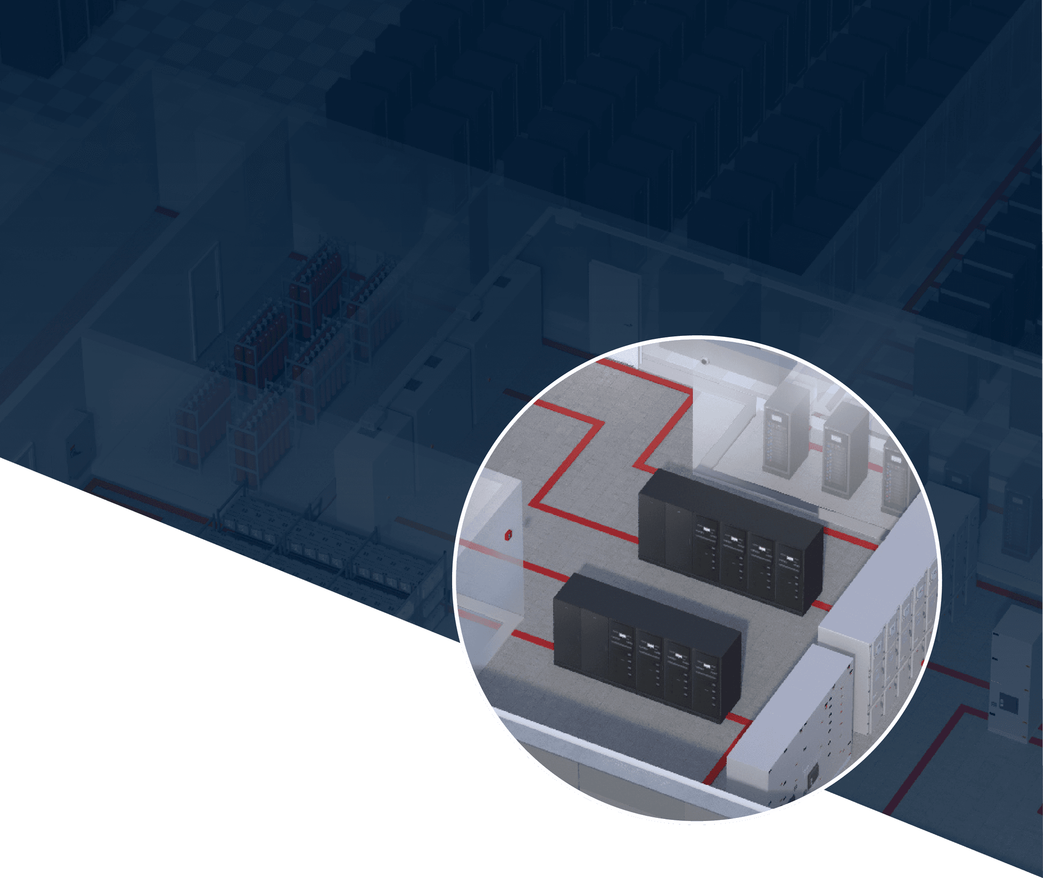 Illustration of a data center with UPS installations, highlighting economic sustainability in and around UPS systems.