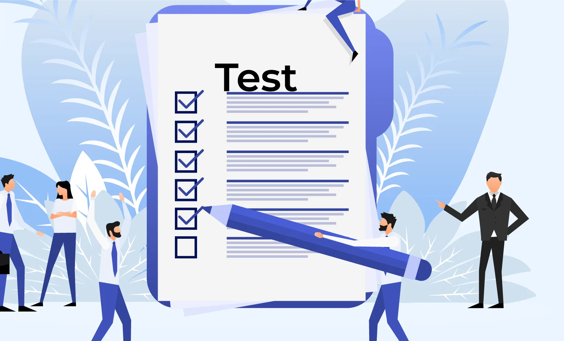 Illustration af en hånd der holder et forstørrelsesglas, som symboliserer test og verifikation